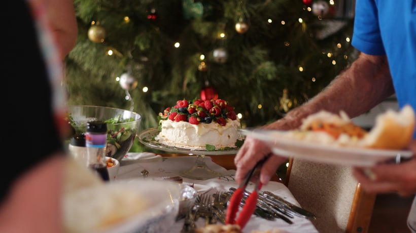 Pavlova in front of a christmas tree