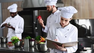 Chefs using food safety best practices in a kitchen